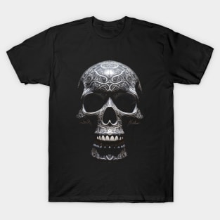 Artistic Fusion: Ornamental Mandala and Metalic Porcelyn Skull T-Shirt